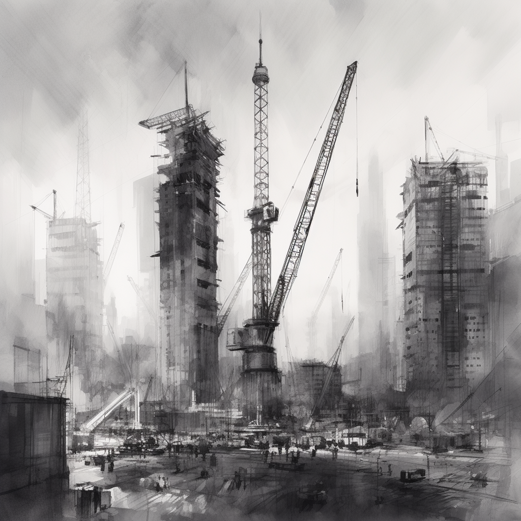 Ink-wash illustration of an international construction site, reflecting 15 years managing large teams in complex environments